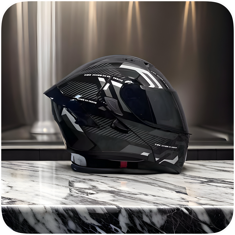 Casco De Moto, Modular, Negro Con Rayas Blancas, Pantalla Negra